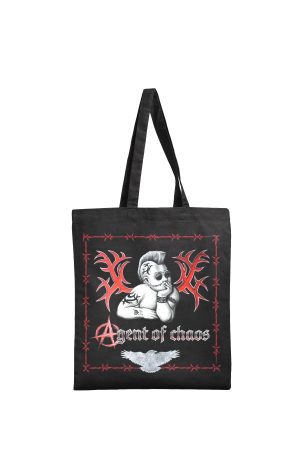Black Agent of Chaos tote bag by Haus of Goth front view with figure and chaos design