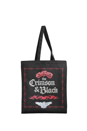 Black Crimson and Black tote bag by Haus of Goth front view with red roses design