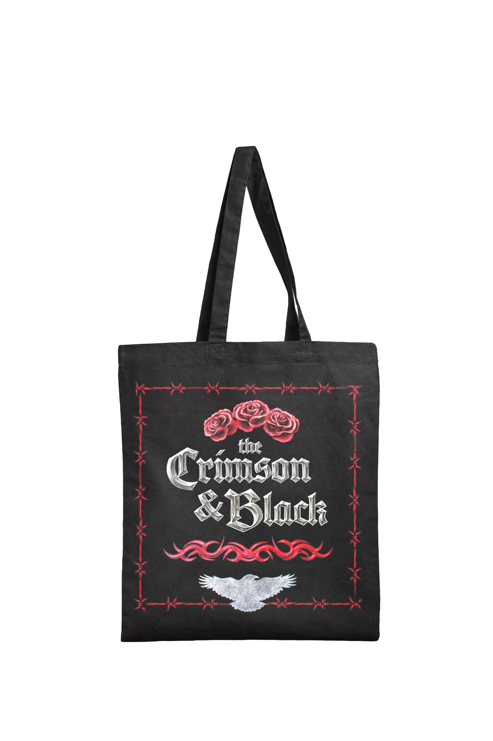 Black Crimson and Black tote bag by Haus of Goth front view with red roses design