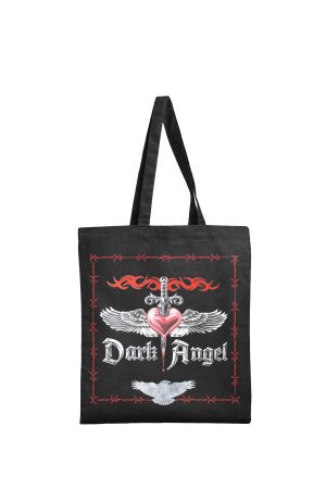 Black Dark Angel tote bag by Haus of Goth front view with winged heart and dagger design