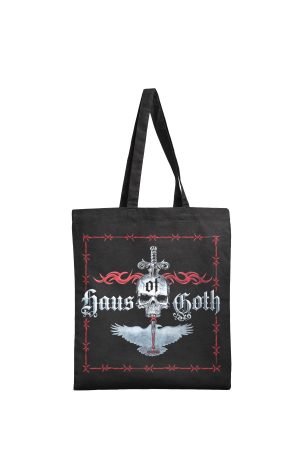 Black Haus of Goth tote bag with skull, dagger and wings logo design