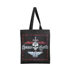 Black Haus of Goth tote bag with skull, dagger and wings logo print