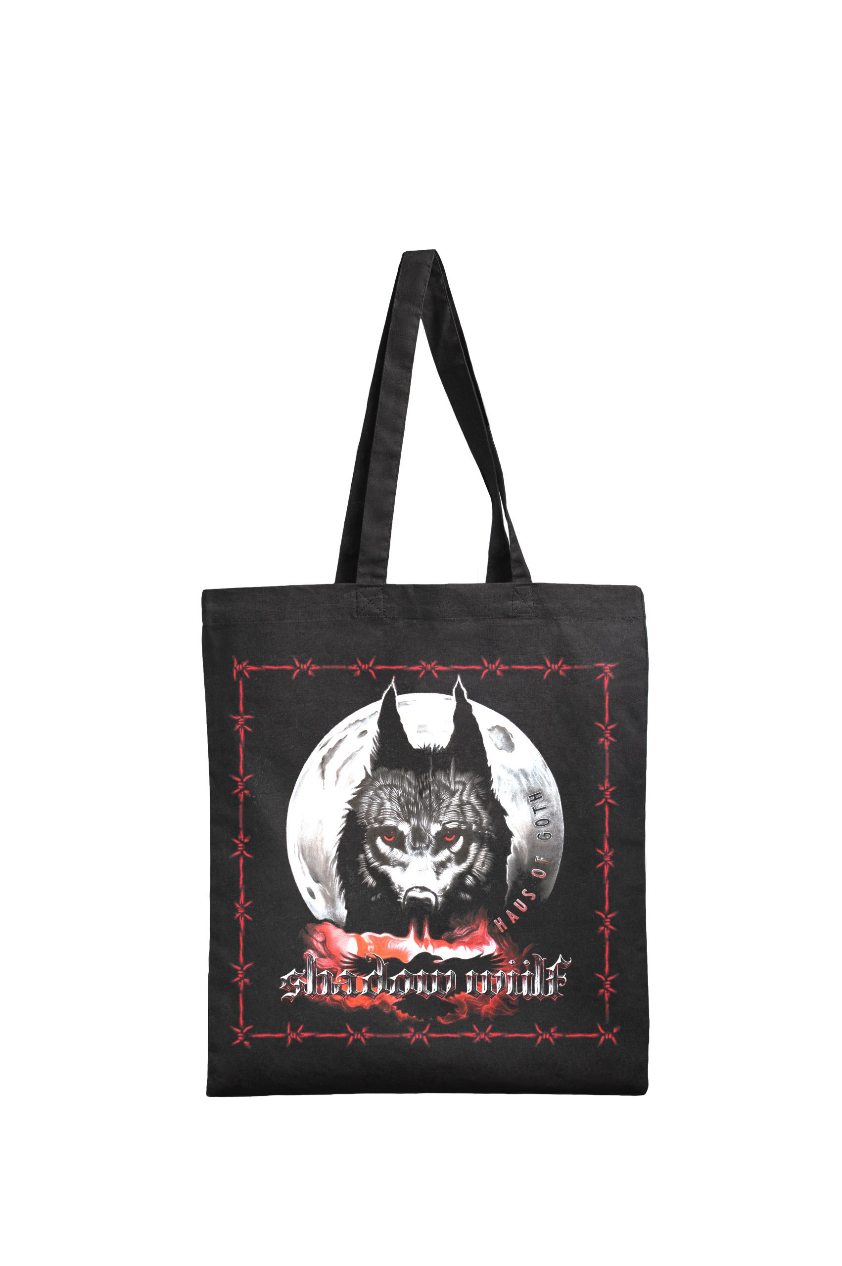 Black Shadow Wulf tote bag by Haus of Goth front view with wolf and moon design