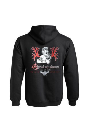 Black Agent of Chaos hoodie back view by Haus of Goth with figure and design print