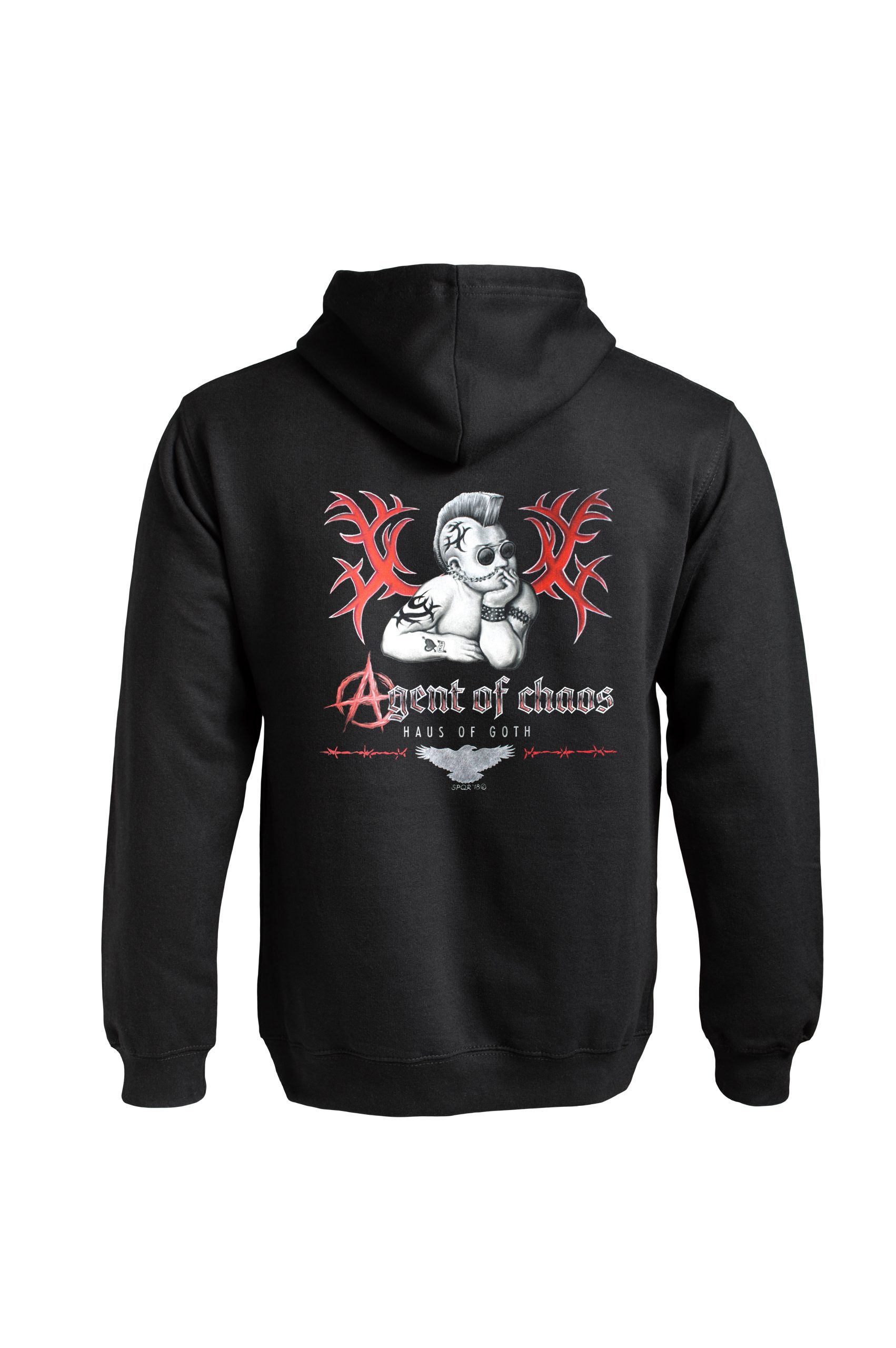 Black Agent of Chaos hoodie back view by Haus of Goth with figure and design print