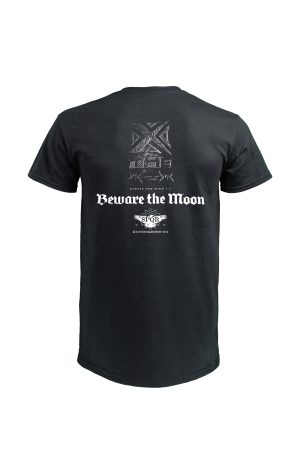 Black Beware the Moon t-shirt by Cross the Wire back view with logo print