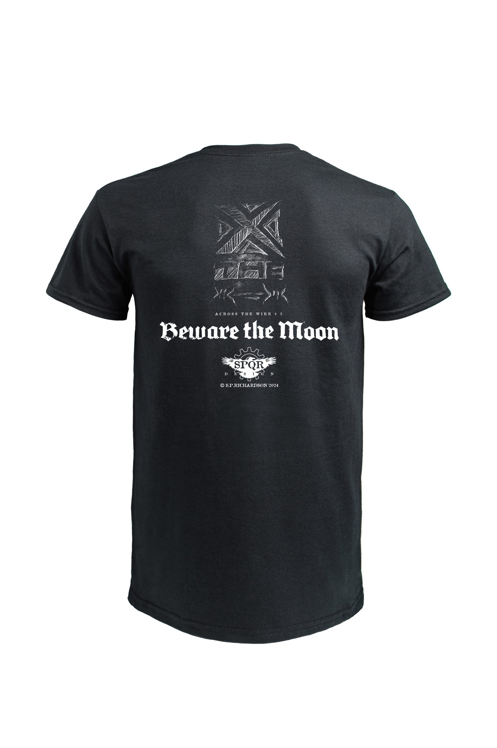 Black Beware the Moon t-shirt by Cross the Wire back view with logo print