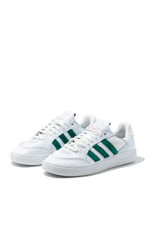 Pair of Adidas Stan Smith trainers in white leather with green stripes