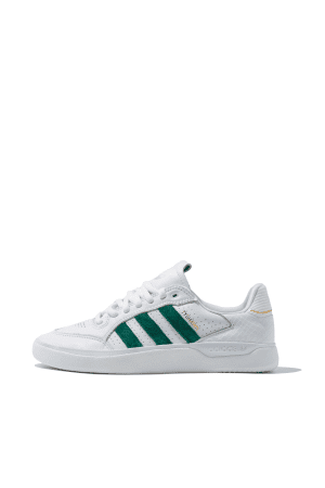 Adidas Tyshawn Low skate shoes in white leather with green stripes