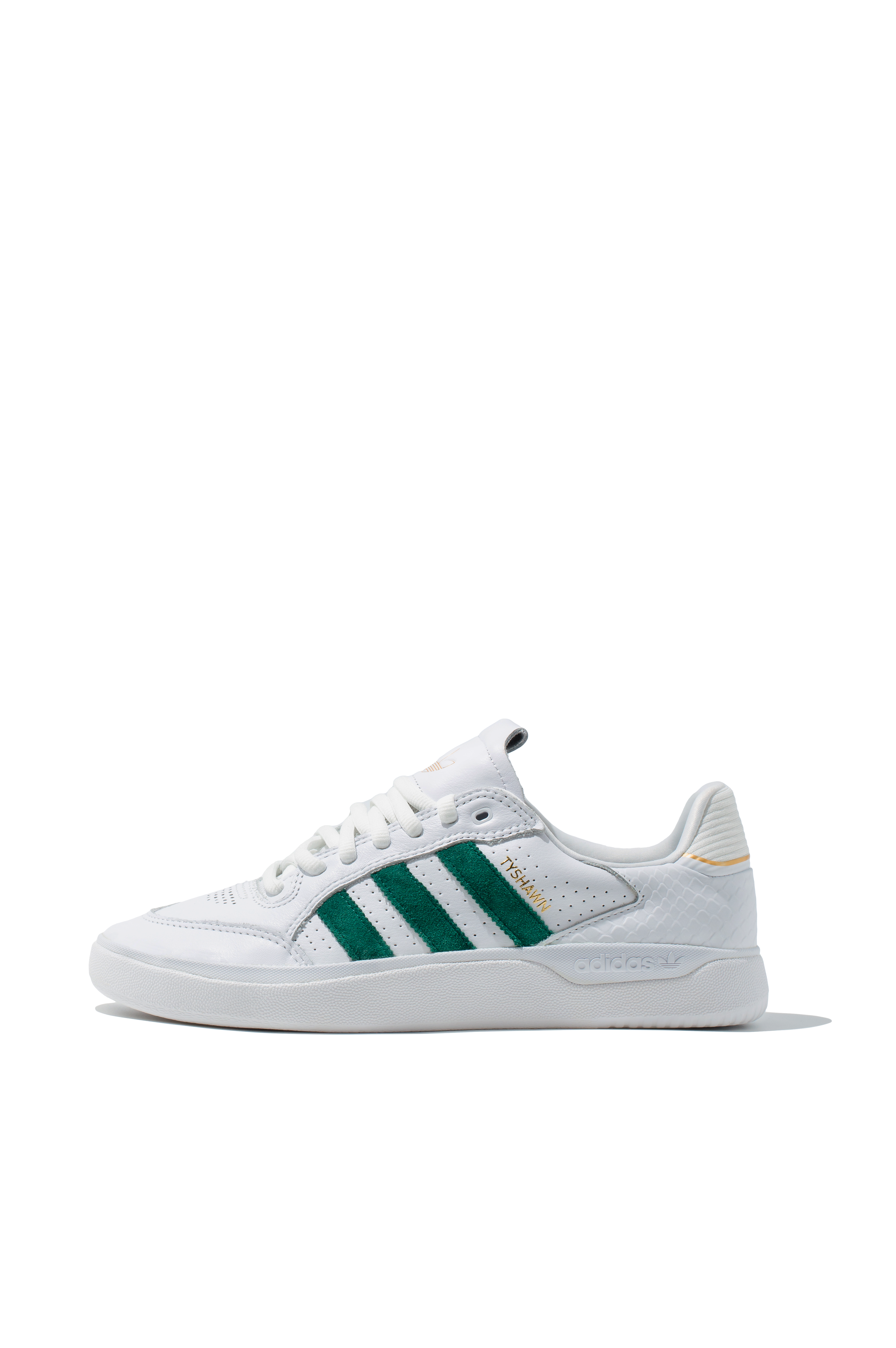 Adidas Tyshawn Low skate shoes in white leather with green stripes