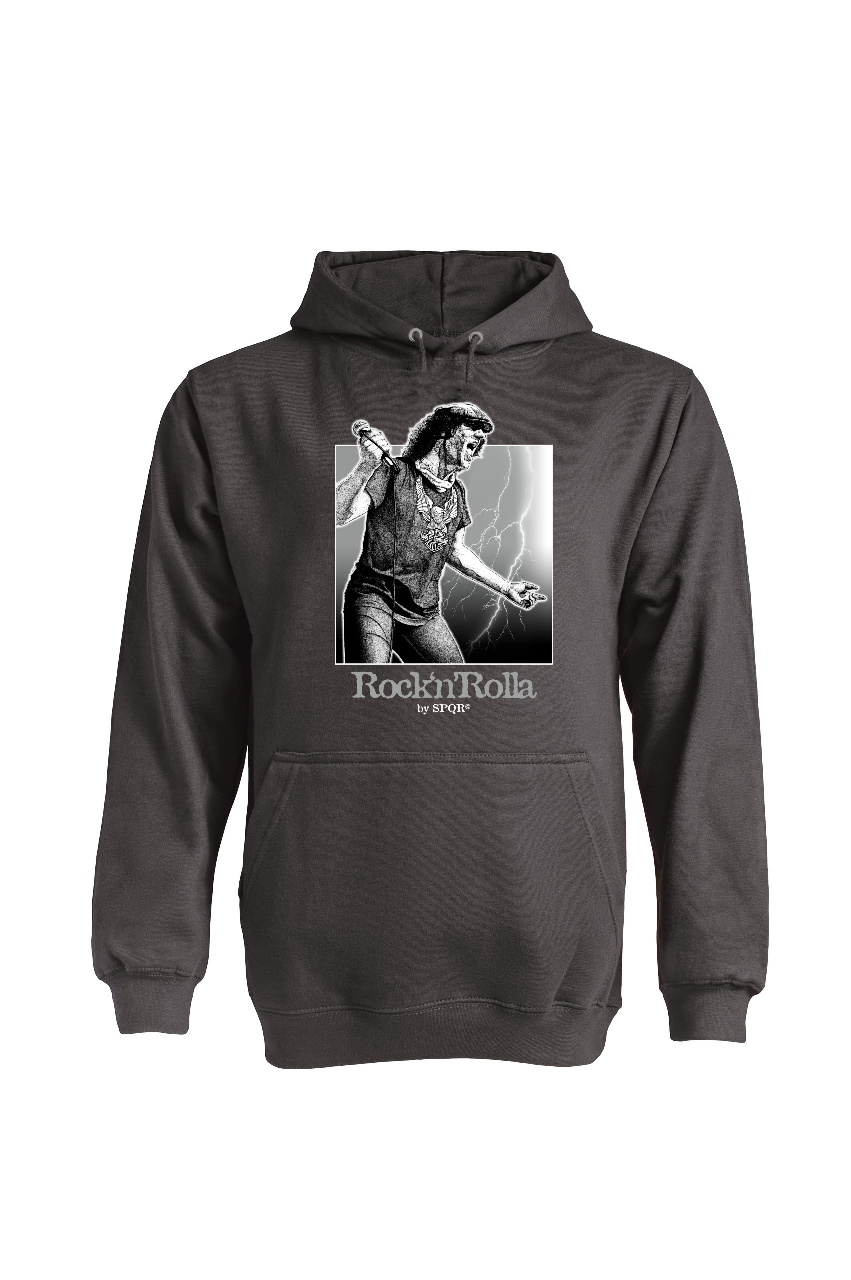 Pointilism Brian Johnson hoodie by SPQR front view with Rock n Rolla logo