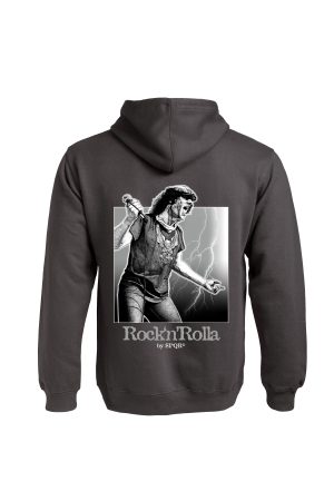 Pointilism Brian Johnson hoodie by SPQR back view with Rock n Rolla portrait print