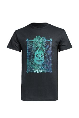 Black Cast Away Wilson t-shirt with stylised blue volleyball face print