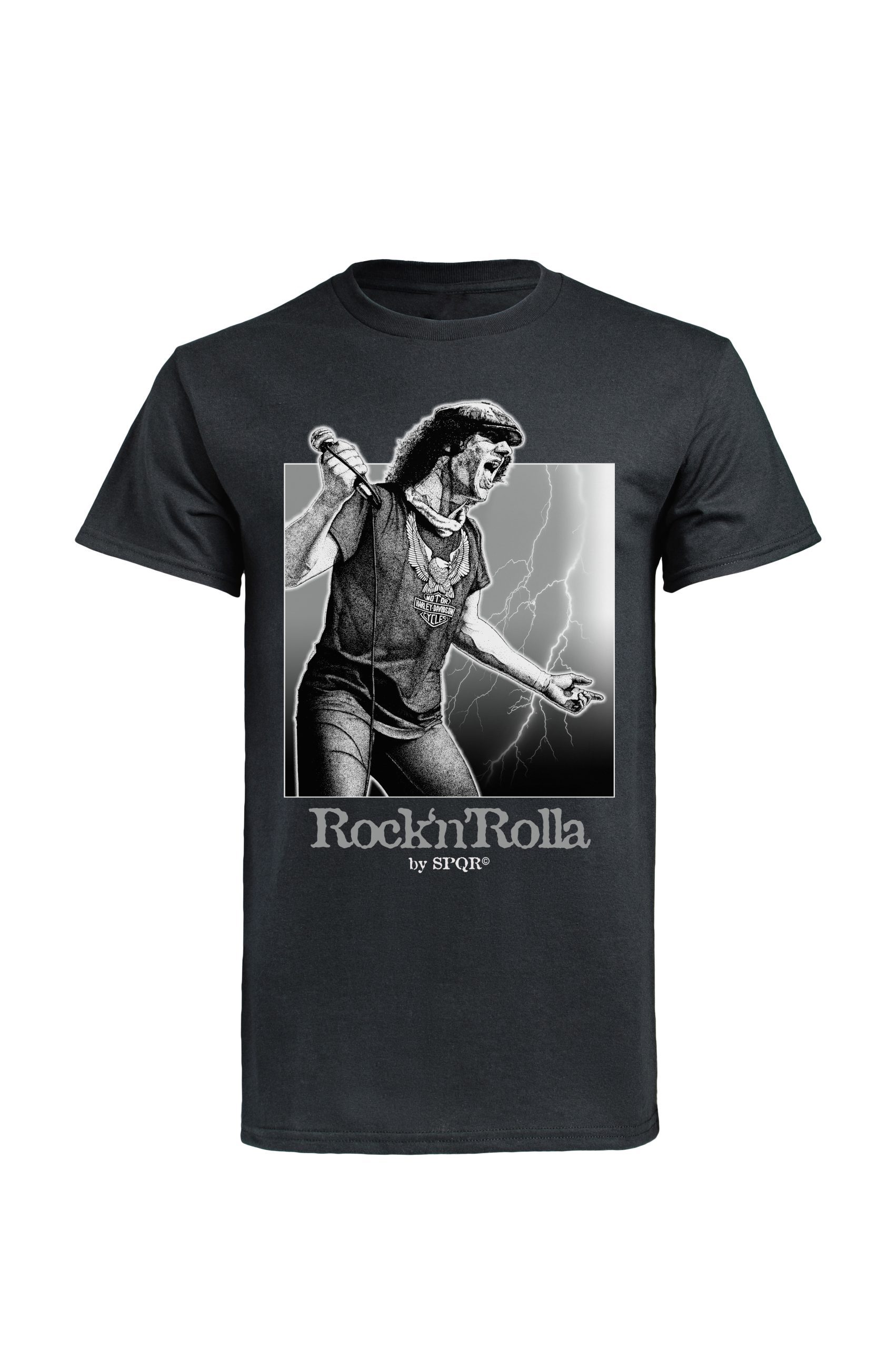 Black Brian Johnson t-shirt by SPQR with Rock n Rolla portrait print