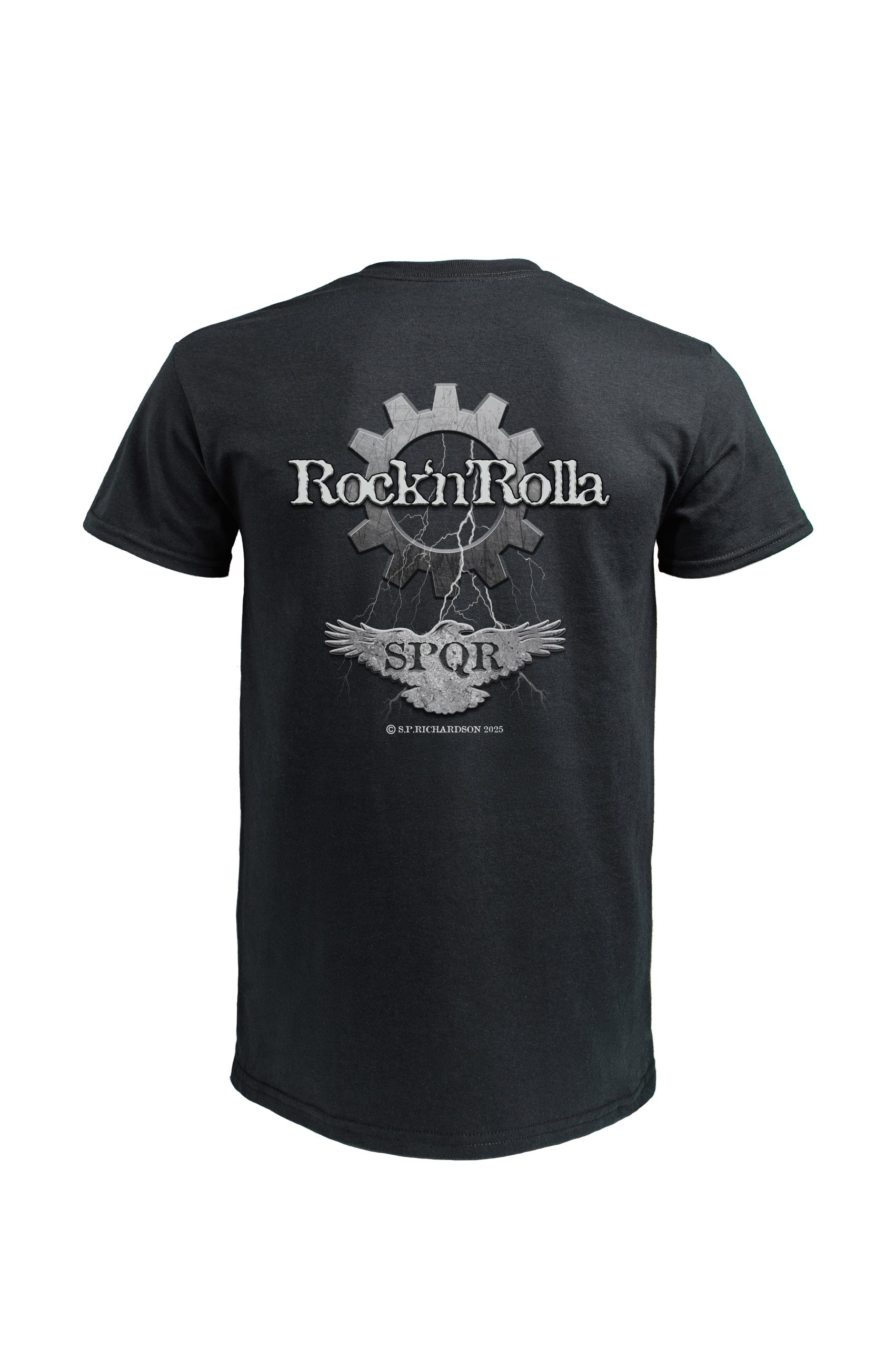 Black Brian Johnson t-shirt by SPQR back view with Rock n Rolla logo