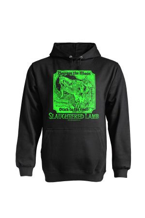 Black Beware the Moon hoodie with green werewolf and Slaughtered Lamb pub print