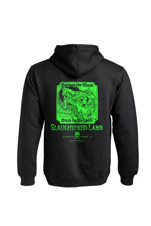 Black Beware the Moon hoodie by Cross the Wire back view with werewolf design