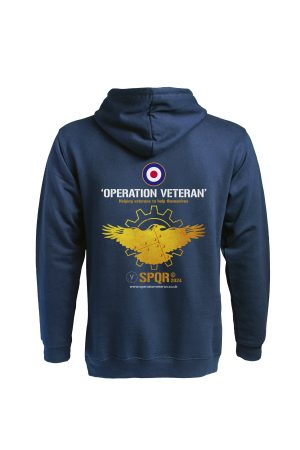 Navy Coming Home hoodie by SPQR back view with Operation Veteran logo and SPQR design