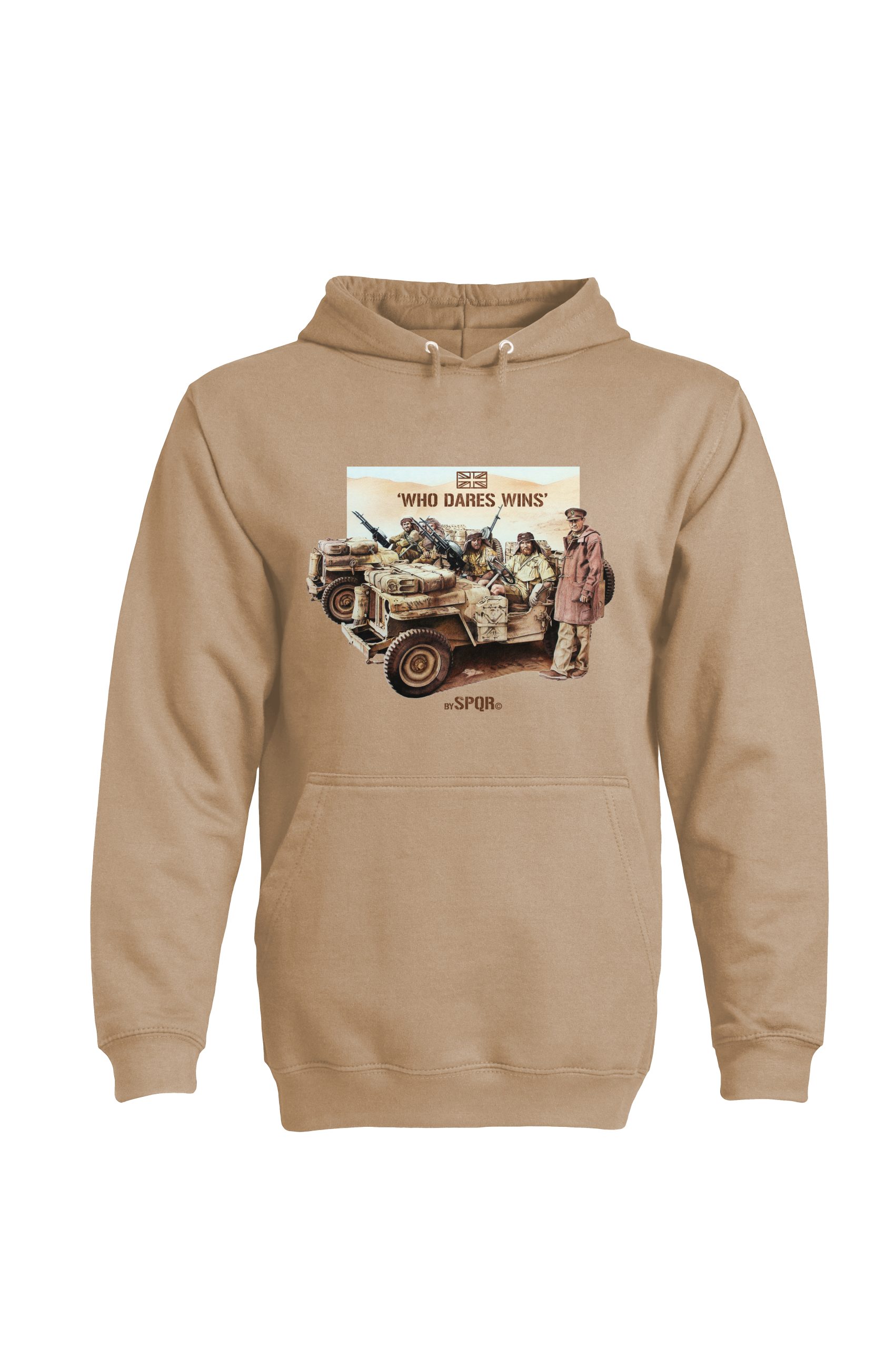 Sand Who Dares Wins hoodie by SPQR with SAS jeep and motto design