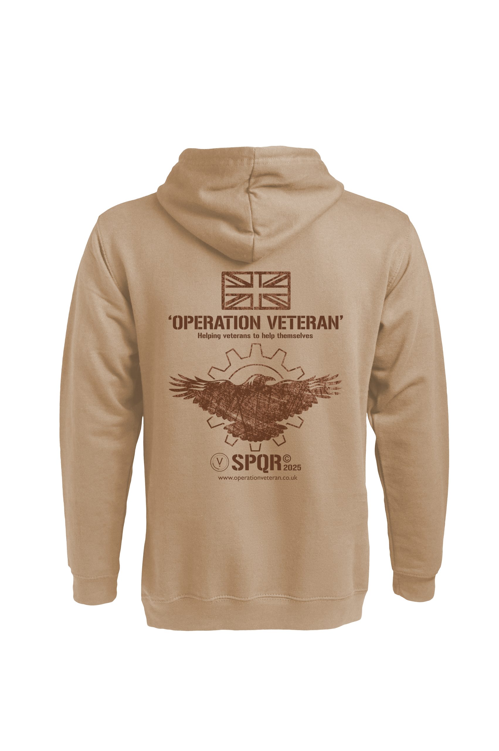 Sand Who Dares Wins hoodie by SPQR back view with Operation Veteran logo and SPQR design