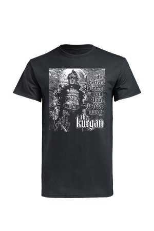 Black Highlander Kurgan t-shirt with woodcut warrior print and burn out quote